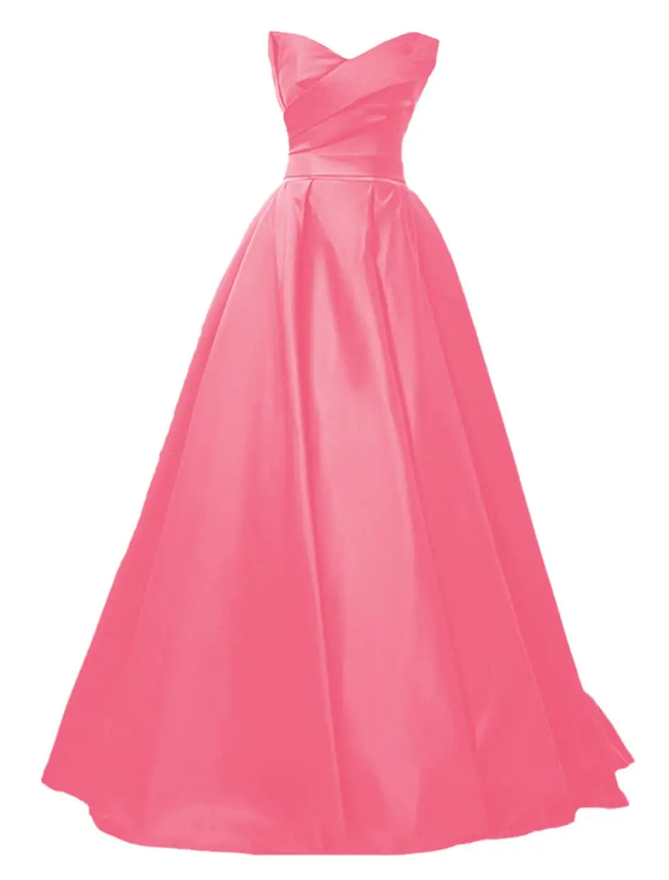 maoxiangshop Elegant A-Line Strapless Satin Evening Dresses for Women Sweetheart Neck Back Lace-up Floor Length Prom Gowns with Pleat