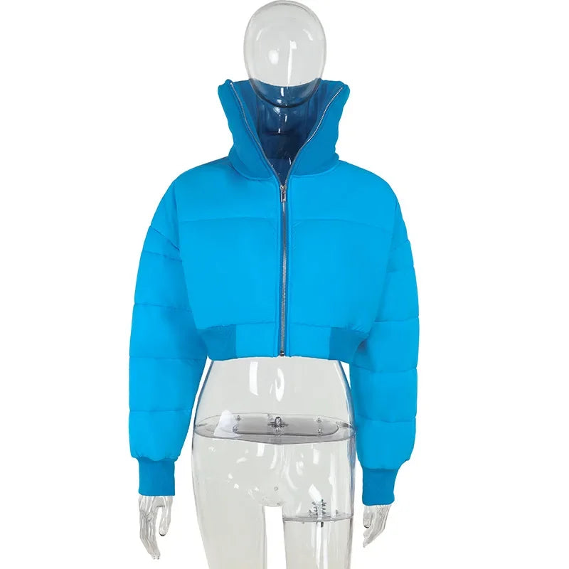 maoxiangshop - Autumn Winter Cotton Coat Women's High Collar Zipper Long Sleeve Short Cotton Jacket Street Loose Thickened Warm Jacket