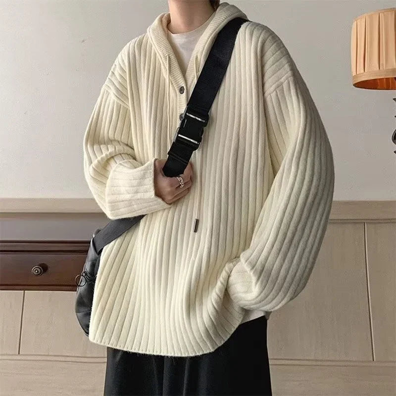 maoxiangshop Winter Clothing Men's Luxury Knitted Hooded Pullover Sweater Casual Streetwear Button-down Solid Color Long Sleeve Hoodie