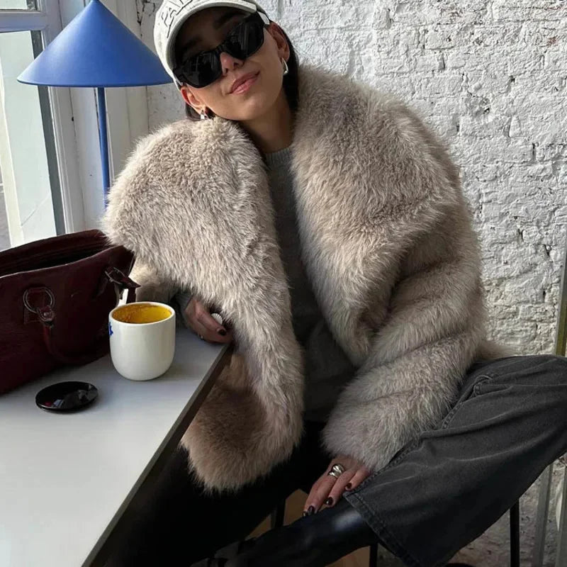 maoxiangshop - Faux Fur Cardigan Coat Women 2024 Winter Luxury Solid Long Sleeve Fashion Short Coats Lady Elegant Warm Thick Jackets Outerwear