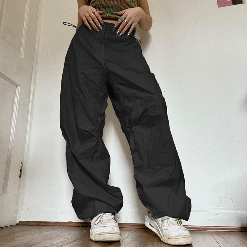 maoxiangshopWomen Y2K Cargo Pants Solid Low Waist Sweatpants Drawstring Wide Leg Baggy Trousers 2023 Summer Streetwear Punk Casual Tech Pant