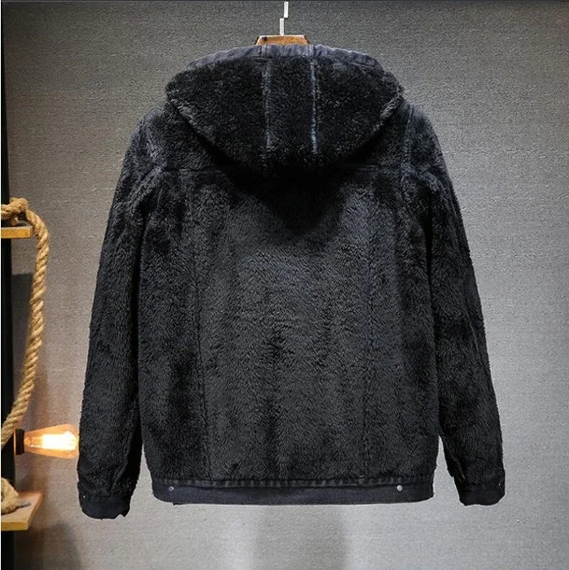 maoxiangshop New Thicker And Warmer Men's Hooded Denim Jacket Winter Lambswool Hooded And Padded Denim Jacket Size