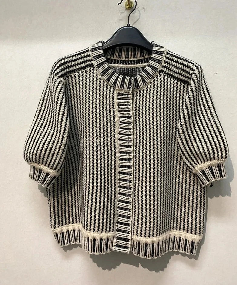 maoxiangshop O-Neck Half Puff Sleeve Knitted Sweater Women Tops New Japan Fashion Autumn Winter Clothes Stripe Pattern Cardigan Verlena