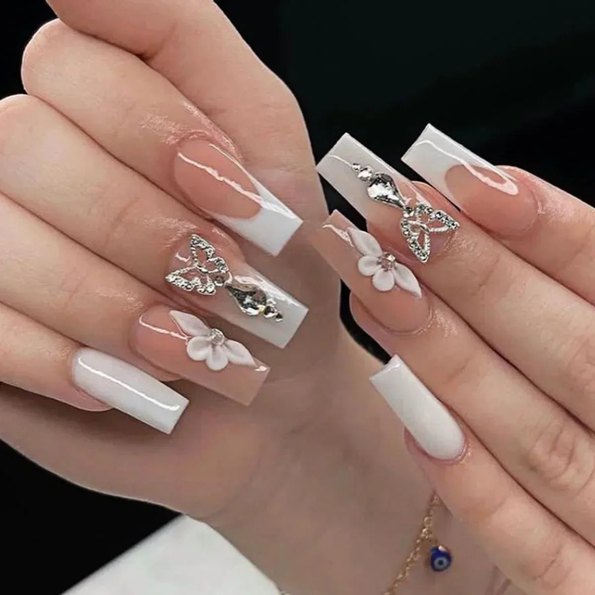 maoxiangshop 24Pcs Coffin False Nails Purple Butterfly Designs Fake Nails with Shiny Rhinestone Wearable French Full Cover Press on Nails