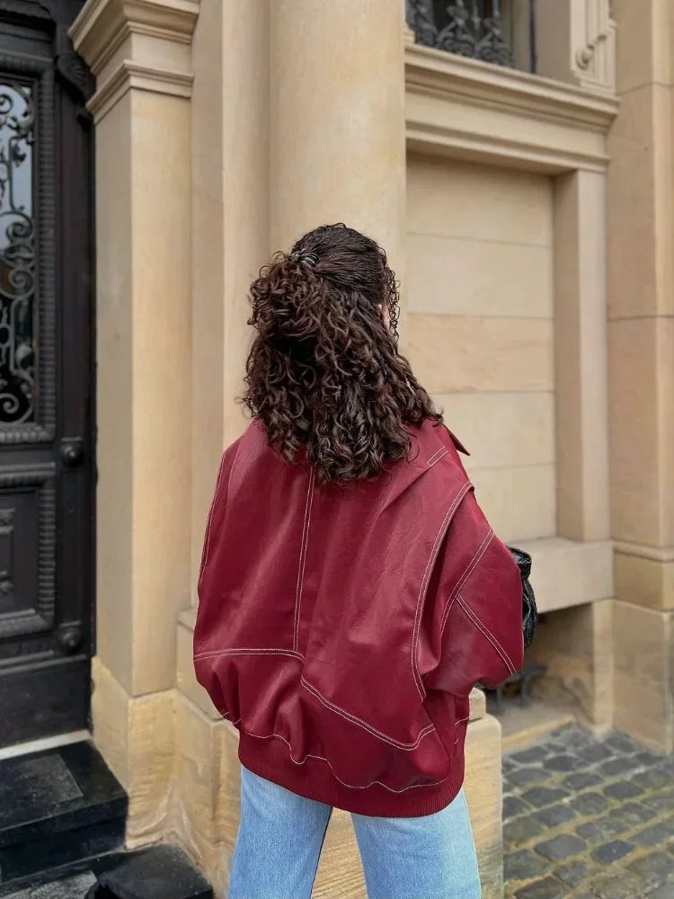 maoxiangshop - Chic Wine Red Leather Contrast Stitch Jacket Fashion Oversized Zipper Long Sleeve Women Coat 2024 Autumn Casual Office Outerwear