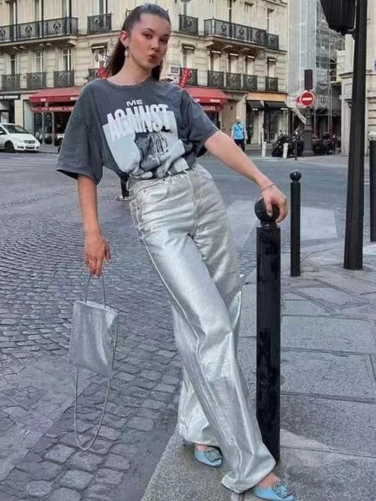 maoxiangshop - Loose PU Women Pants Solid Casual High Waist Pockets Fashion Streetwear Woman 2024 Autumn Winter New Baggy Bottoms Femme
