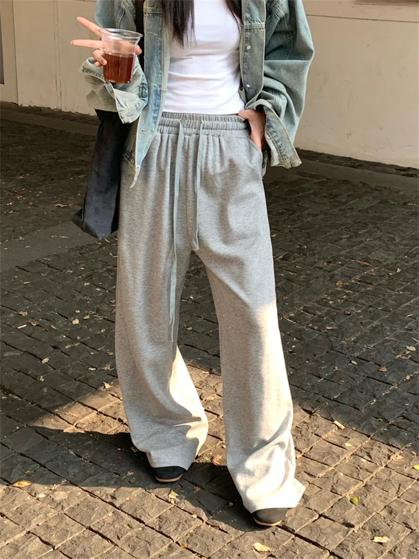 maoxiangshop - Sports Pants Women Solid Mopping Chic Casual Winter Daily 2025 Mujer High Waist Slim Loose All Match Streetwear