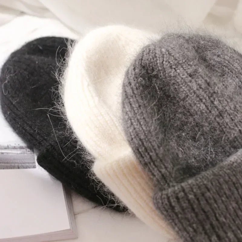 maoxiangshop 21colors Autumn Angola Rabbit Fur Knitted Beanies Winter Skullies Women's Hat Fashion Solid Warm Cashmere Wool Three Fold Thick