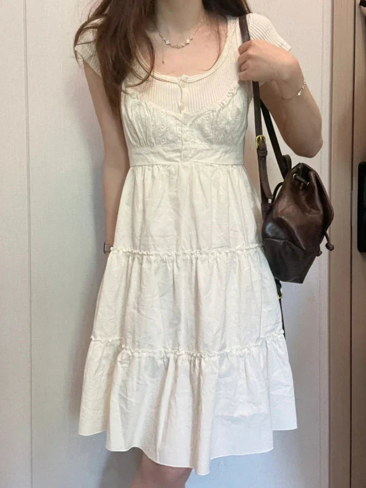 maoxiangshop 2 Casual Women White Front Buttons Lace Spliced Sling Dress Summer Vintage Square Collar Sleeveless Female Chic Bottoms