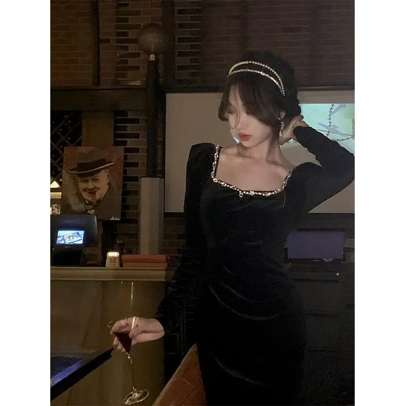maoxiangshop - Spring Korea Fashion Evening Party Dress Woman Casual Black Velvet Midi Dress Slim Long Sleeve Vintage Dress Elegant Female