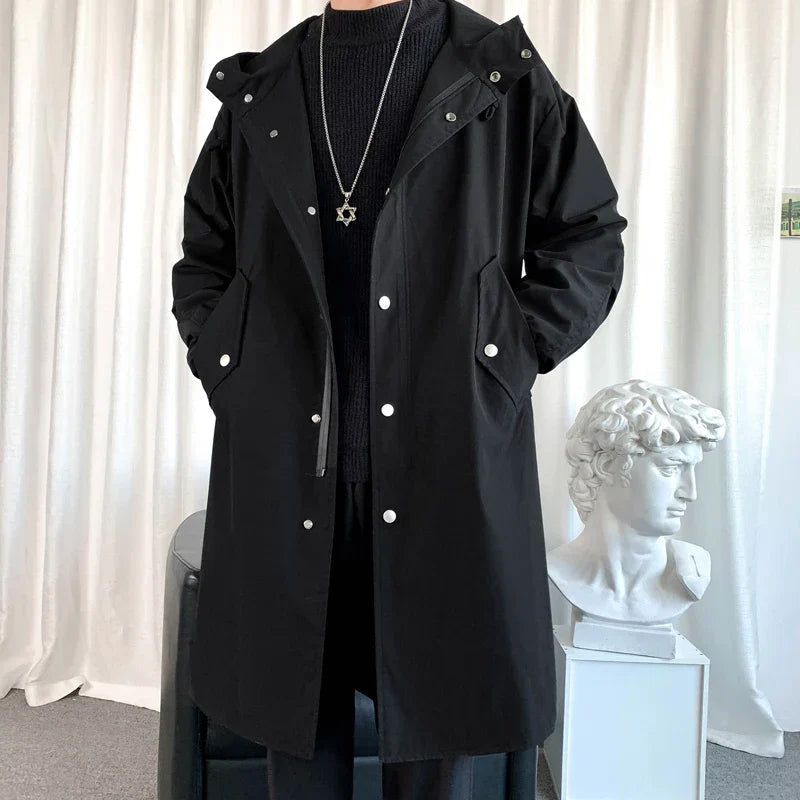 maoxiangshop New Autumn Men's Jacket Trench Coats Pie Over Solid Color Hooded Men's Fashion Handsome Leisure Long Jacket Trench Coats