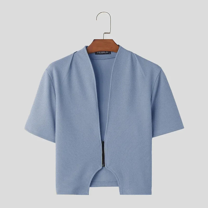 maoxiangshop 2024 Men Shirt Solid Color V Neck Short Sleeve Zipper Streetwear Men Clothing Stylish Casual Irregular Crop Tops S-5XL