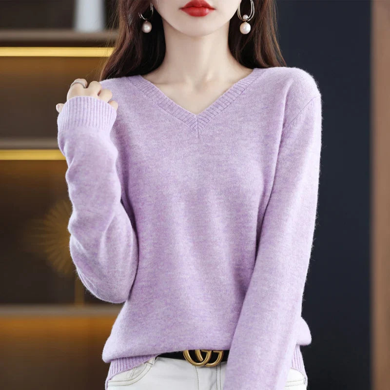 maoxiangshop Cashmere Sweater Women's Knitting Sweater 100% Pure Merino Wool Winter Fashion Basic V-neck Chic Top Autumn Warm Pullover