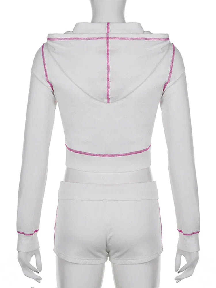maoxiangshop - Lace Up Short Sets For Women 2 Piece Summer Outfits Autumn New Slim Knitted Hoodies And Short Suits Woman Clothes