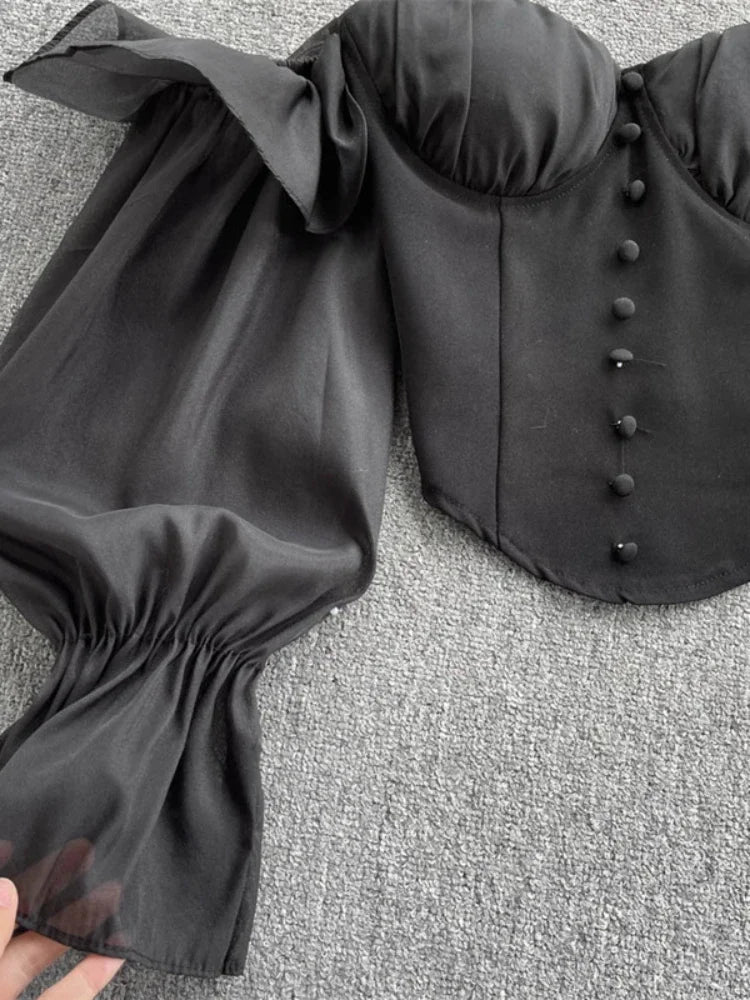 maoxiangshop Summer Off Shoulder Tops Women Long Sleeves Solid Zipper Elastic Waist Tops Spring Fashion Ruffle Short Sexy Shirts