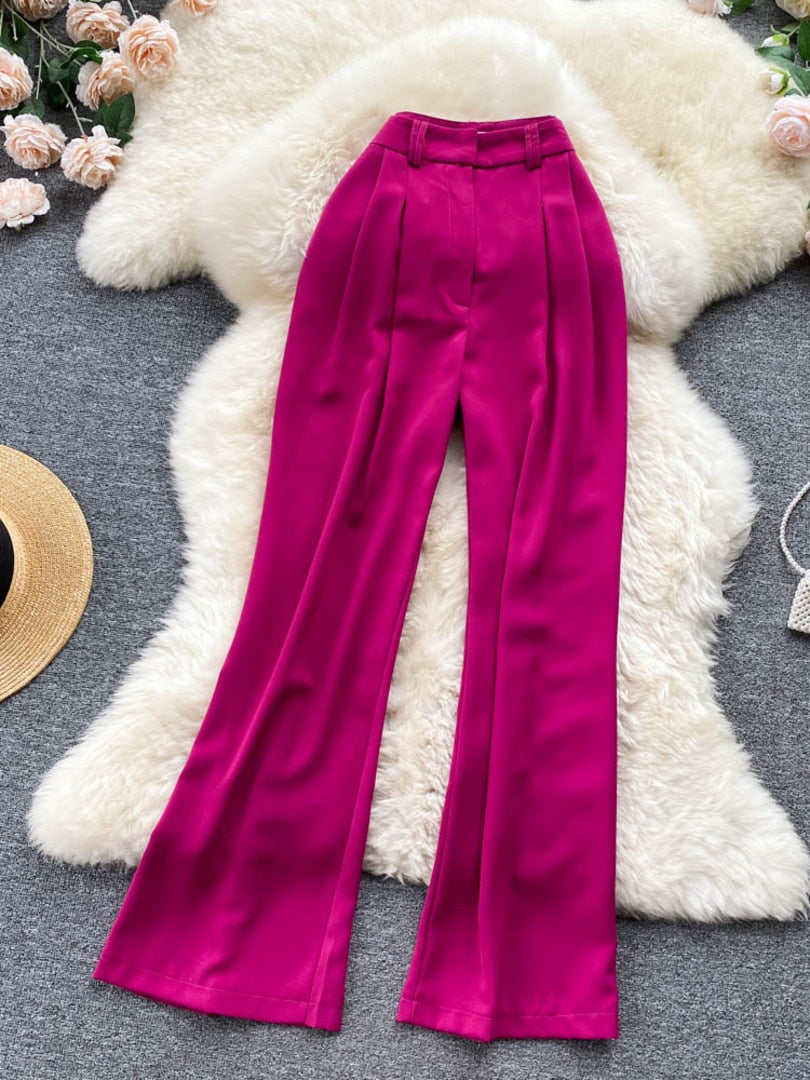 maoxiangshop Korean Fashion Women Flare Pants Solid High Waist Pleated Front Full Lengh Trousers Summer Casual Female Long Pants