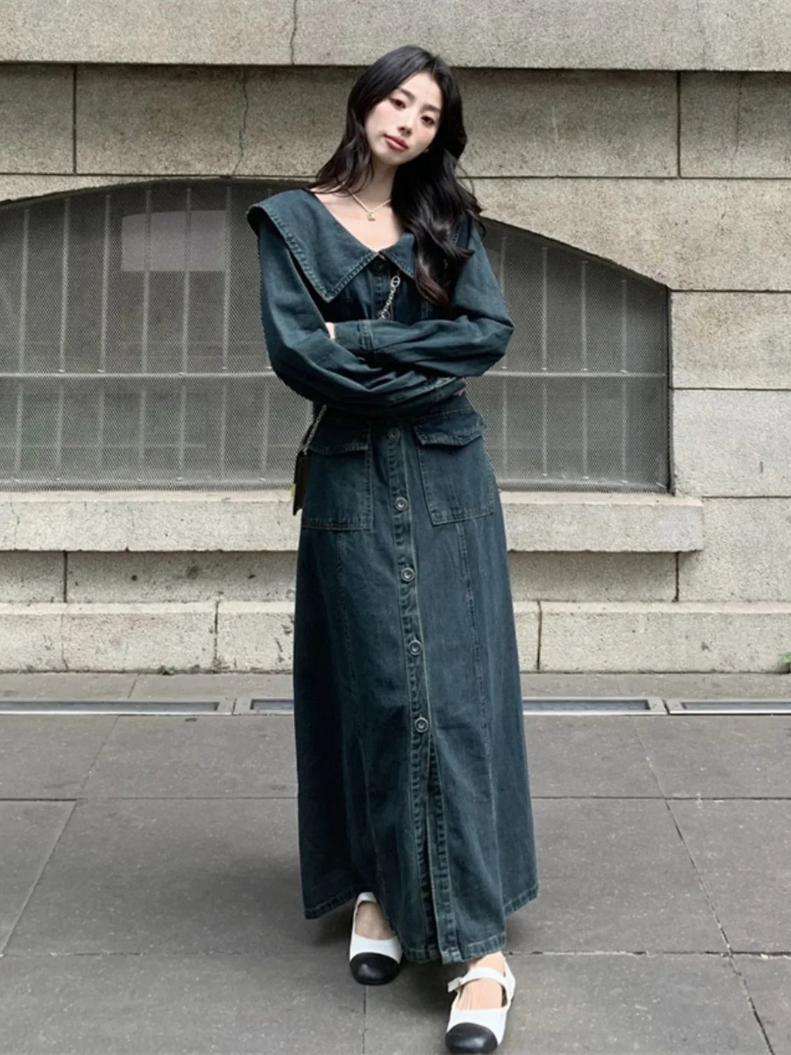 maoxiangshop - Retro Thick Denim Dress 2024 New Autumn Women's Doll Collar Single Breasted Long Sleeve Dress Fashion High Street Slimming Wear