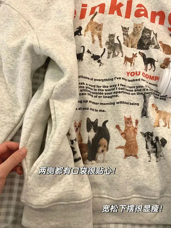 maoxiangshop2 Cat Dog Print Sudadera Fleece Loose Animal Pullovers Hooded Thick Casual Tops High Street American Women Vintage Sweatshirt