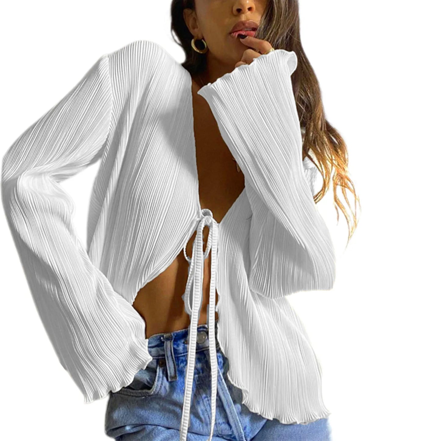 maoxiangshop1 wsevypo Women Pleated Plain Shirts Spring Fall Chic Long Flare Sleeve V- Neck Tie Up Cardigans Tops for Casual Party Street