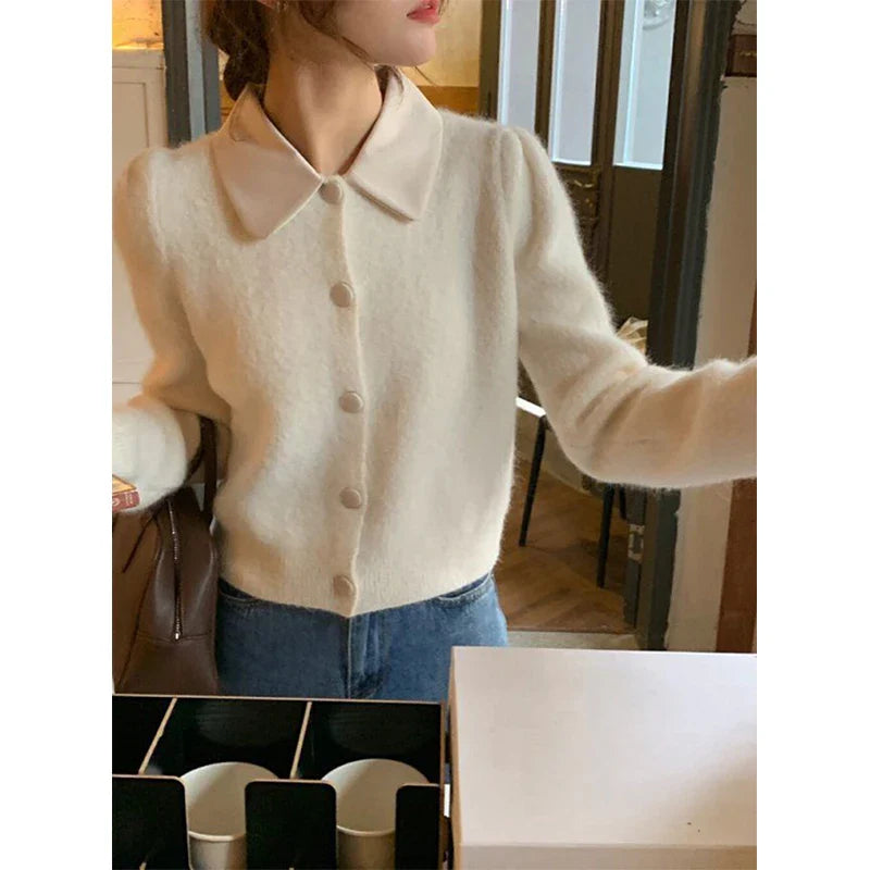 Elegant Knitted Cardigans Women Cropped Patchwork Sweater Coat Korean Solid Slim Knitwear Jackets All Match Jumper Outwear