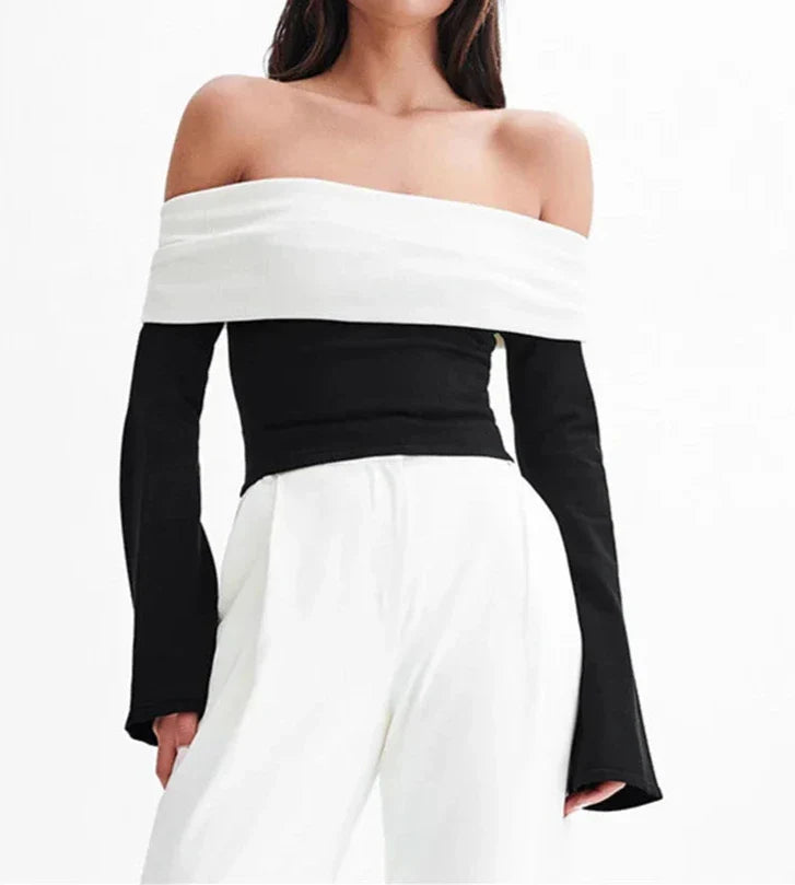 maoxiangshop - Autumn Contrast Off-Shoulder T-shirt Top Women's Patchwork Fashion Contrast Cropped Y2k Top Backless Female Skinny Tee New