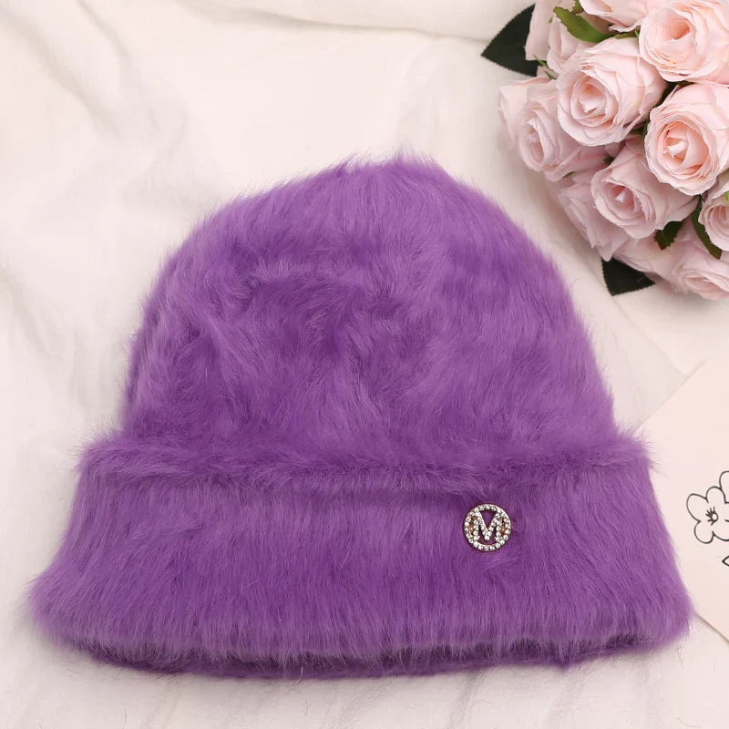 maoxiangshop New Fashion Rabbit Fur Y2k Beanies for Women Soft Warm Fluffy Angola Winter Hat Female Windproof Bonnet Hat Skullies Cap