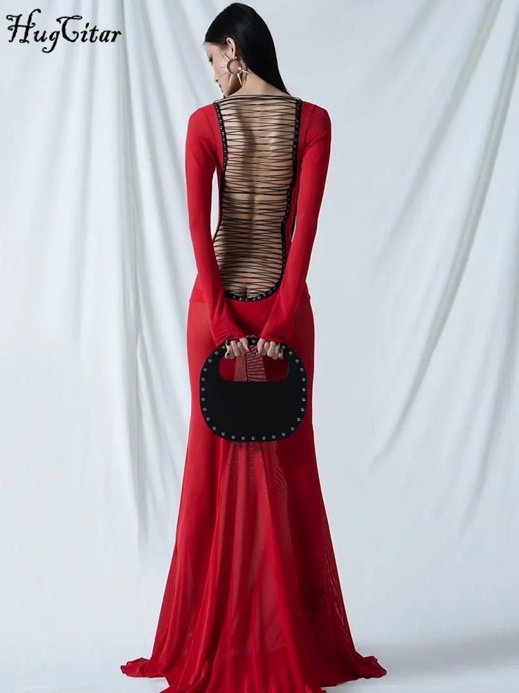 maoxiangshop-Hugcitar Mesh Black Long Sleeve Backless See Through Sheer Sexy Slim Bodycon Maxi Dress Summer Women Beach Nightclub Outfit