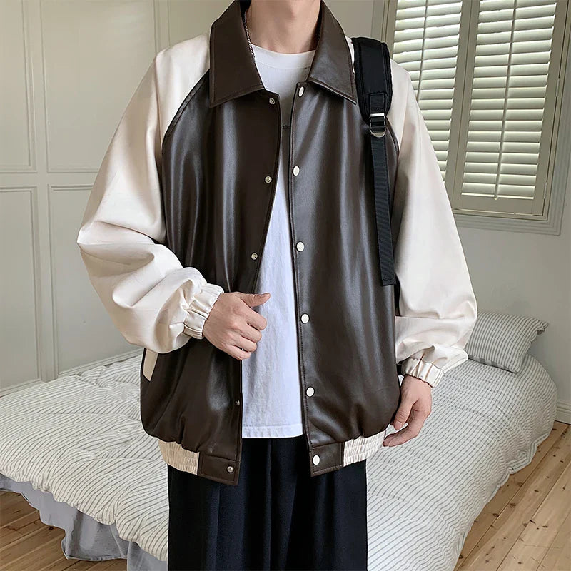 maoxiangshop Clashing Color Splicing Leather Jacket Autumn Trend American Mens Jacket Coat Loose Casual Lapel Tops Men Women Clothing