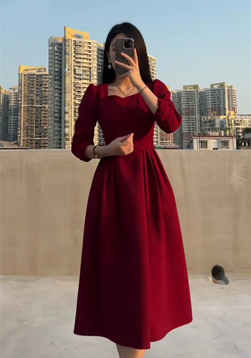 maoxiangshop Vintage Black Midi Dresses for Women Spring Autumn Square Neck Long Sleeve Elegant Party Red Female Clothing Korean Fashion