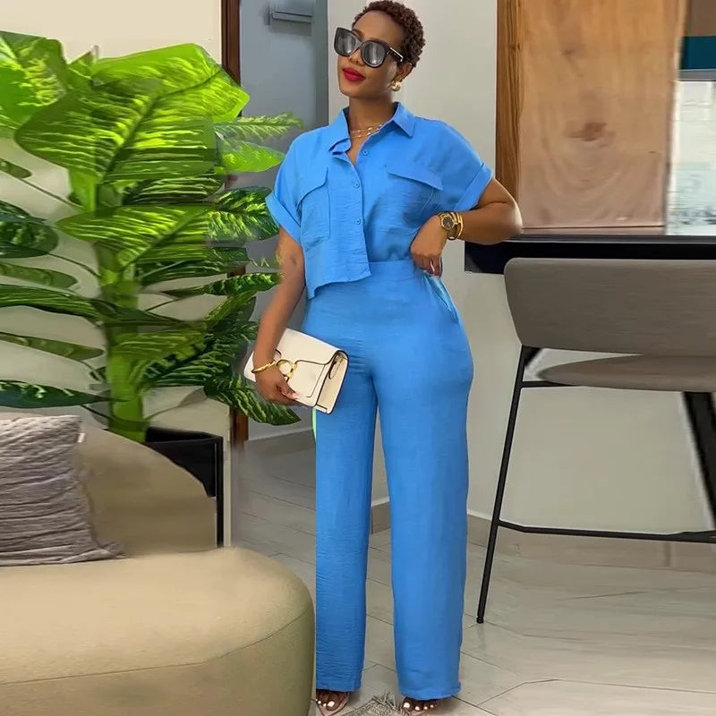 maoxiangshop Women's Two Piece Sets Spring Summer Casual Solid Turn-down Neck Short Sleeve Loose Top & Wide Leg Pants Set Streetwear Outfits