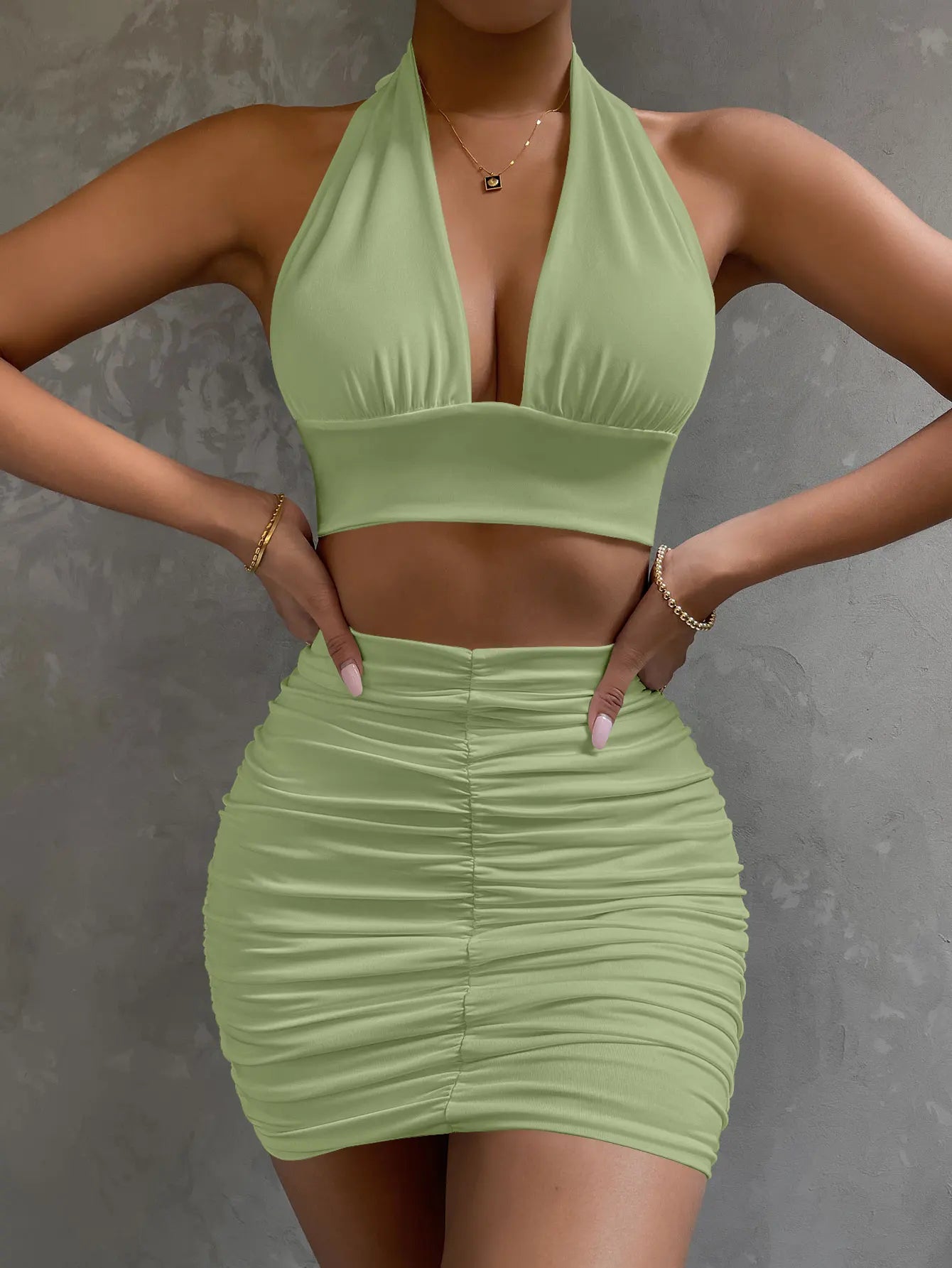 maoxiangshop Lace Up V Neck Sexy Hollow Out Two Piece Set Women Backless Sleeveless Pleated Bodycon Mini Dress Summer Female