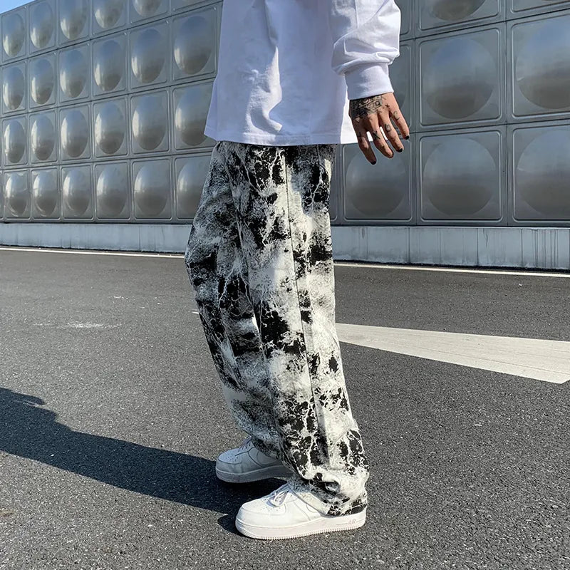 maoxiangshop Mens Fashion Printed jeans Spring Mopping Trousers Jeans Korean Style High Street Loose Hip Hop Wide-leg Jean Pants