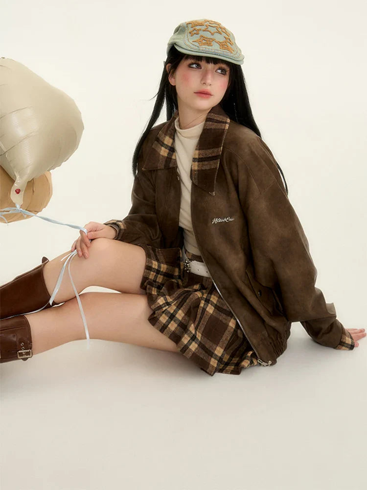 Fall Winter Women Old Money Outfits 2 Piece Set Pu Faux Leather Oversize Vintage Jacket + 2000s Plaid Gyaru Mini Pleated Skirts