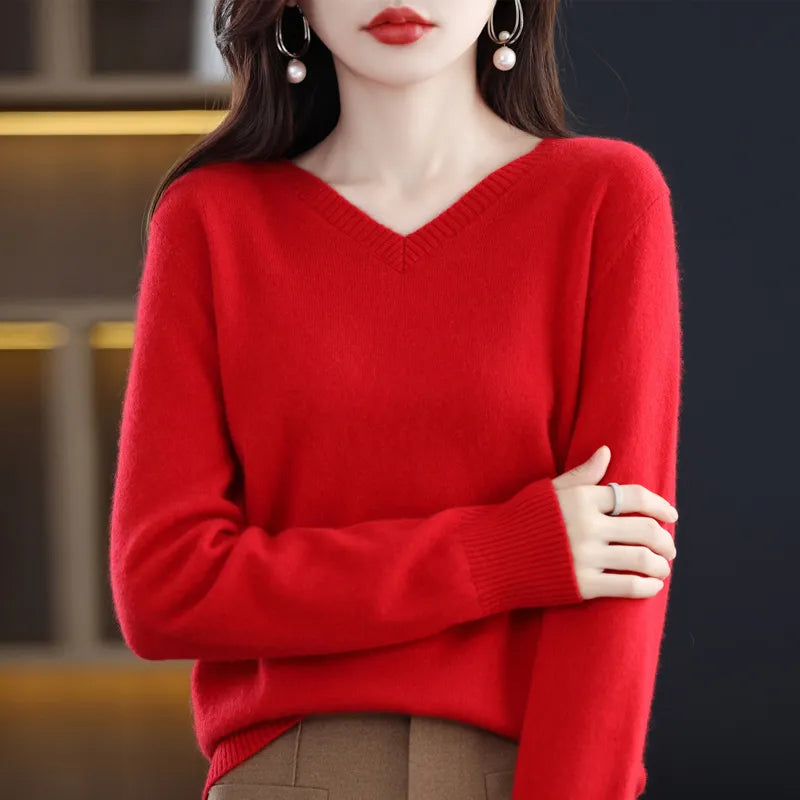 maoxiangshop Cashmere Sweater Women's Knitting Sweater 100% Pure Merino Wool Winter Fashion Basic V-neck Chic Top Autumn Warm Pullover