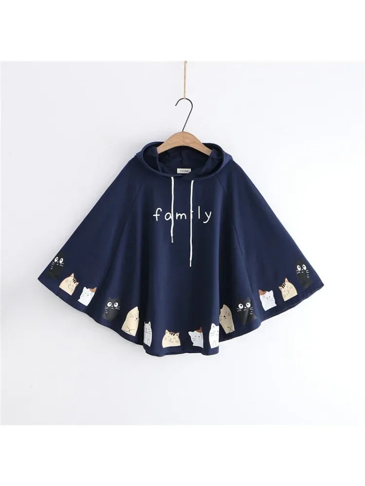 Women Cloak Outerwear Cartoon Cat Print With Ears On Hood Hoodies Coat Pullover Poncho Jacket Hooded