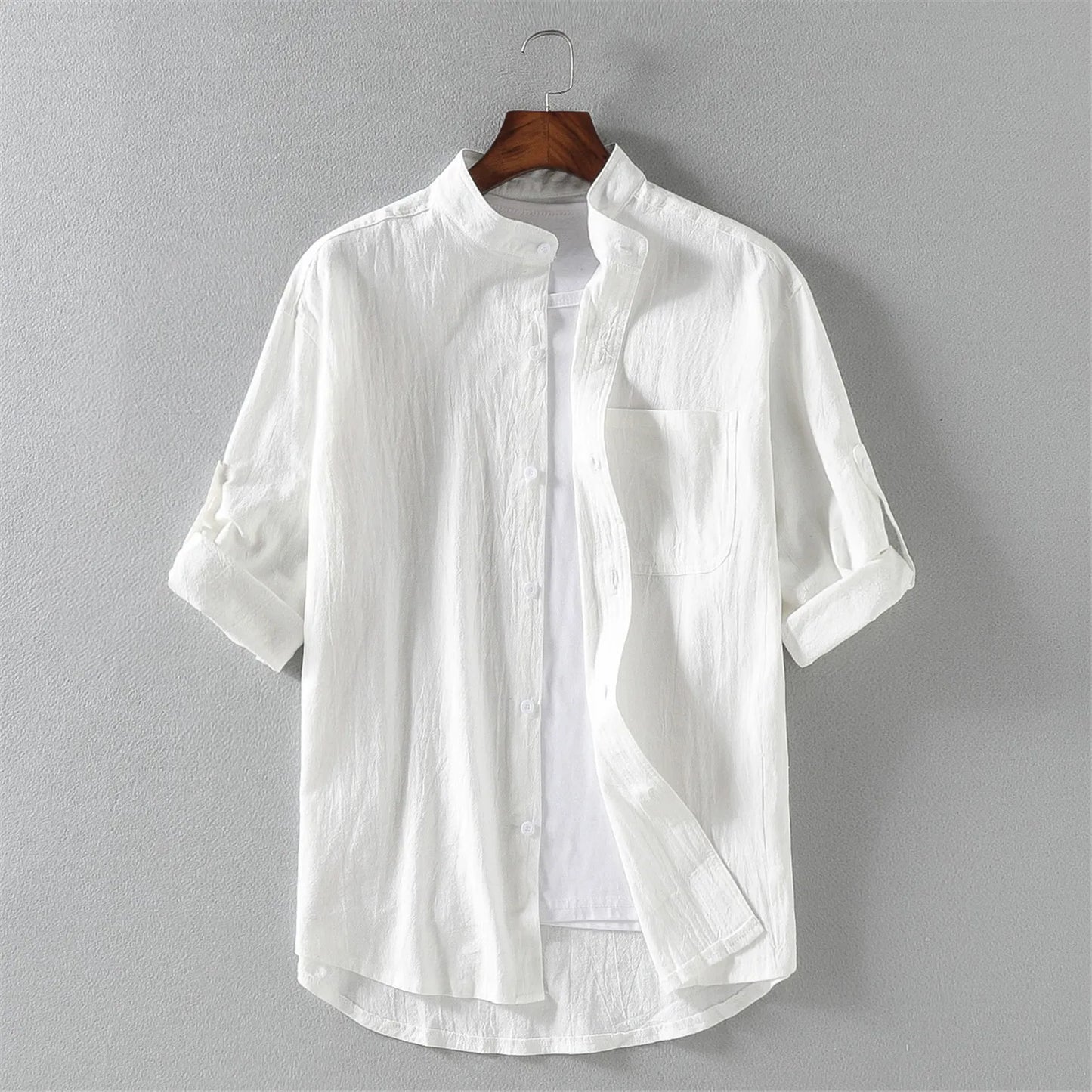 maoxiangshop Spring and Summer Stand Collar Five-point Mid-sleeve Fashionable Men's Short-sleeved Shirt Seven-point Sleeve Large Size Men's