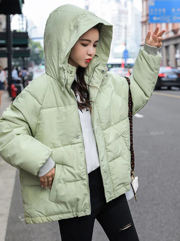 maoxiangshop Fashion Winter Hooded Puffer Jacket Women Solid Casual Warm Oversize Parkas Female Korean Loose Long Sleeve Coat Women Clothing