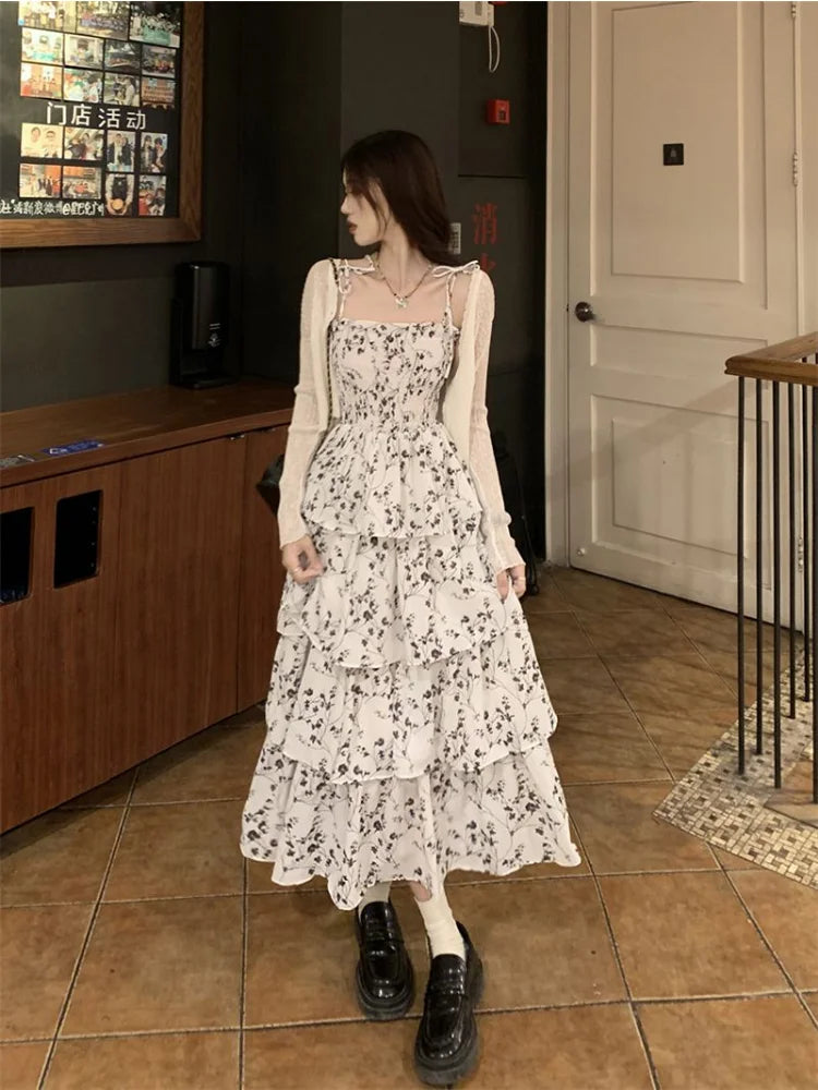 Y2k Fairycore White Graduation Dress Women Korean Style One Piece Slip Floral Dresses Vintage Long Prom Vestidos Summer