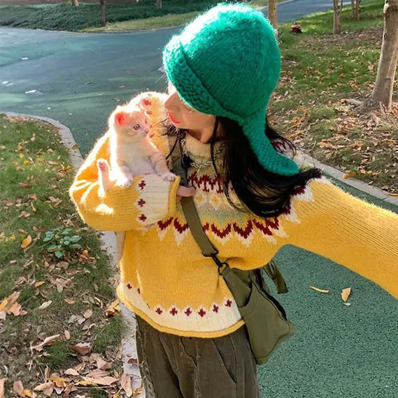 maoxiangshop - Fashion Design Sense Retro Christmas Jacquard Crew-neck Pullover Female Student Autumn and Winter Color Matching Thick Knit Top
