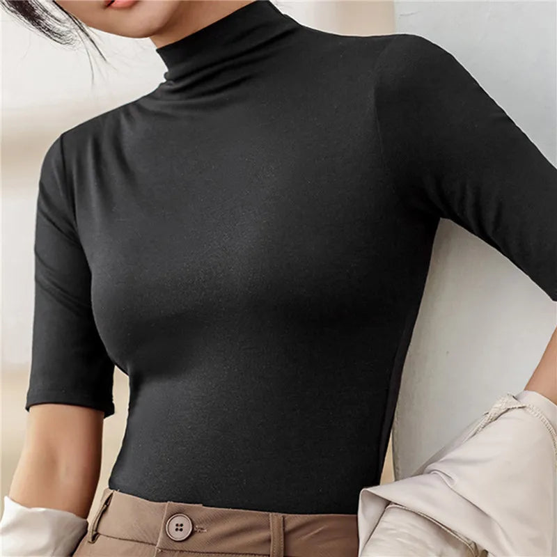 maoxiangshop1 Basic Cotton T Shirt Women Turtleneck Slim Tshirt Short Sleeve T-shirts Female Casual Elasticity White Tee Shirt Femme Woman Top