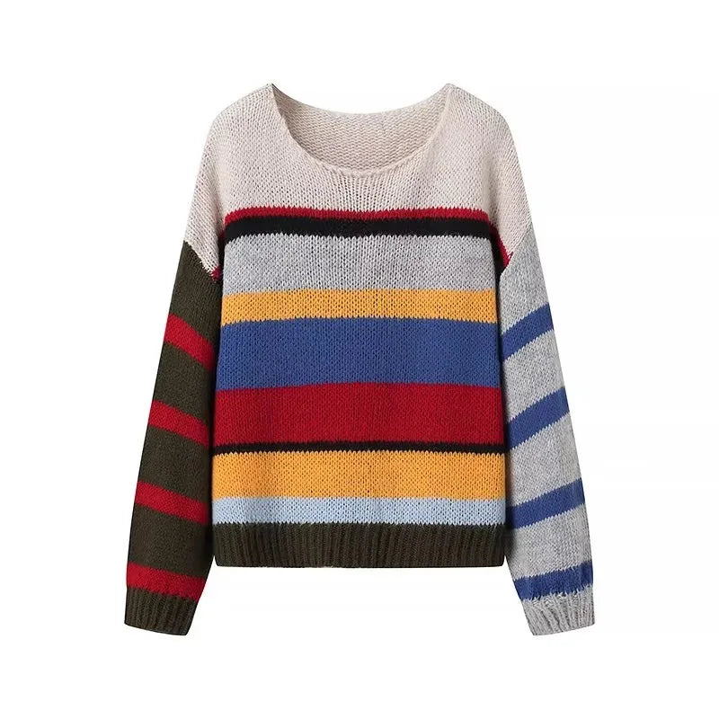 maoxiangshop - Mohair Rainbow Color Knitted Sweater Women Striped Chic Loose O-neck Warm Pullover 2024 Autumn Long Sleeve Street Jumper Tops