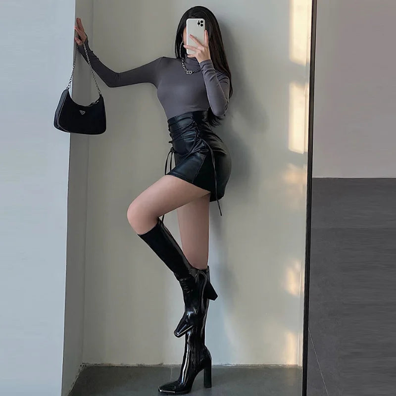 maoxiangshop Sexy Mini Skirts for Women PU Leather Punk Bandage A-line Black High Waist Pencil Skirt Fashiom Y2k Female Clothes Autumn Winter