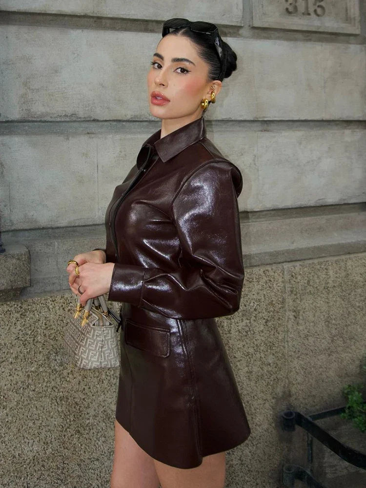 maoxiangshop - Fashion Leather Jacket Skirt Suit Women Lapel Button PU Coat Mini Skirts 2 Pieces 2024 Lady Autumn Street New in Matching Sets