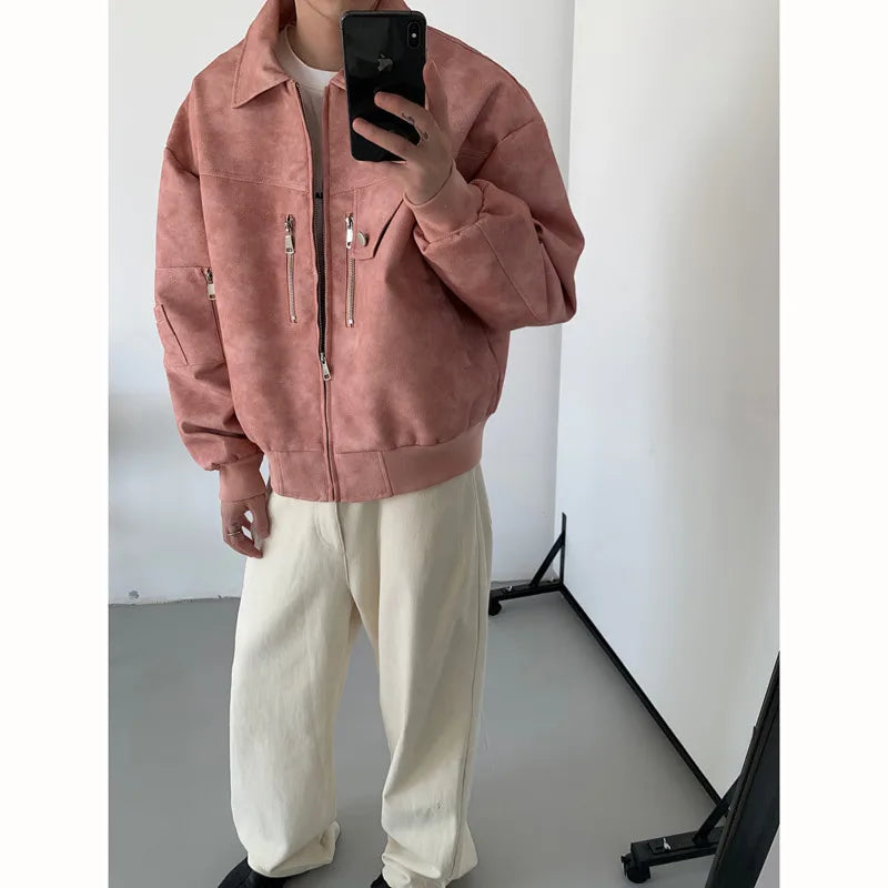 maoxiangshop Short Leather Jacket Men Oversized Fashion Casual Motorcycle Jackets Men Streetwear Hip-hop Loose Bomber Jacket Mens Outwear