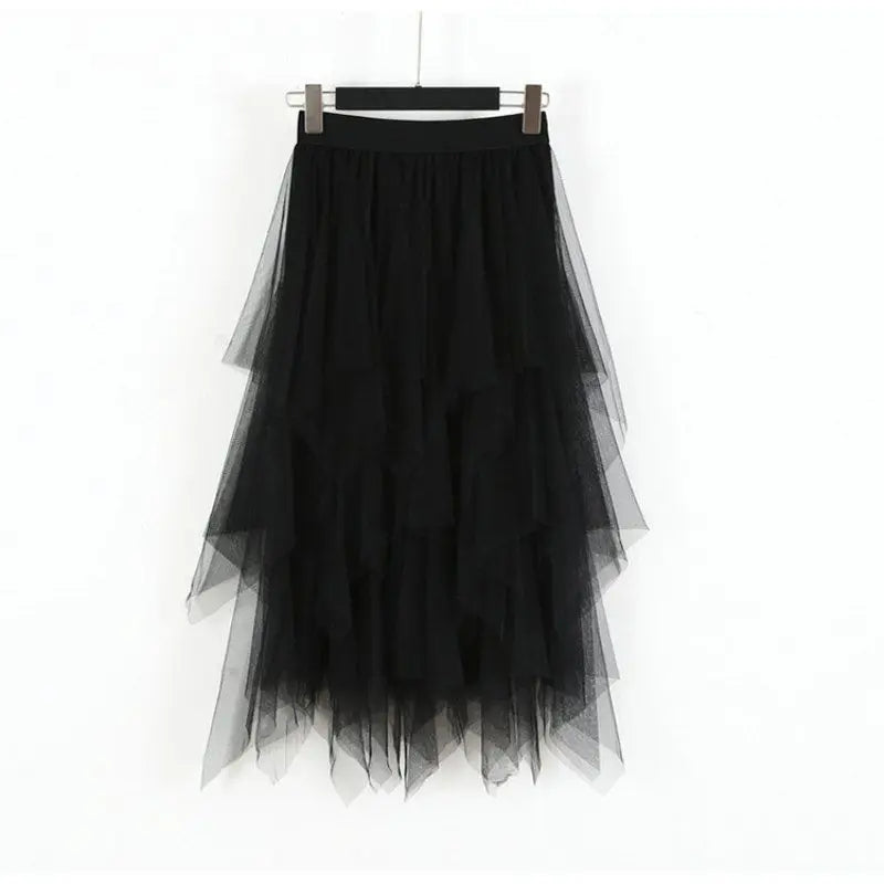 maoxiangshop Women High Waist Ruffles Mesh Long Tulle Skirt Irregular Hem Mesh Tutu Skirt Lady Elegant Solid Party Gown Skirt
