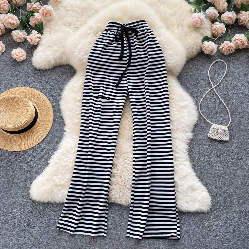 maoxiangshop White and Black Striped Long Pants Women New Retro Style Lace-up Elastic Waist Hole Wide Leg Casual Full Length Trousers