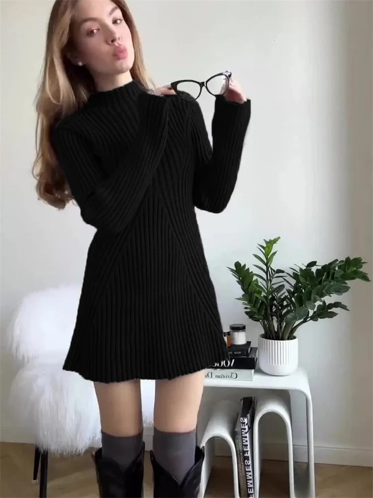 maoxiangshop - White Knitted Women Dress 2024 Winter Black Long Sleeve Mini Sweater Dress Ladies Elegant Pleated Knit Party Dress Knitwear