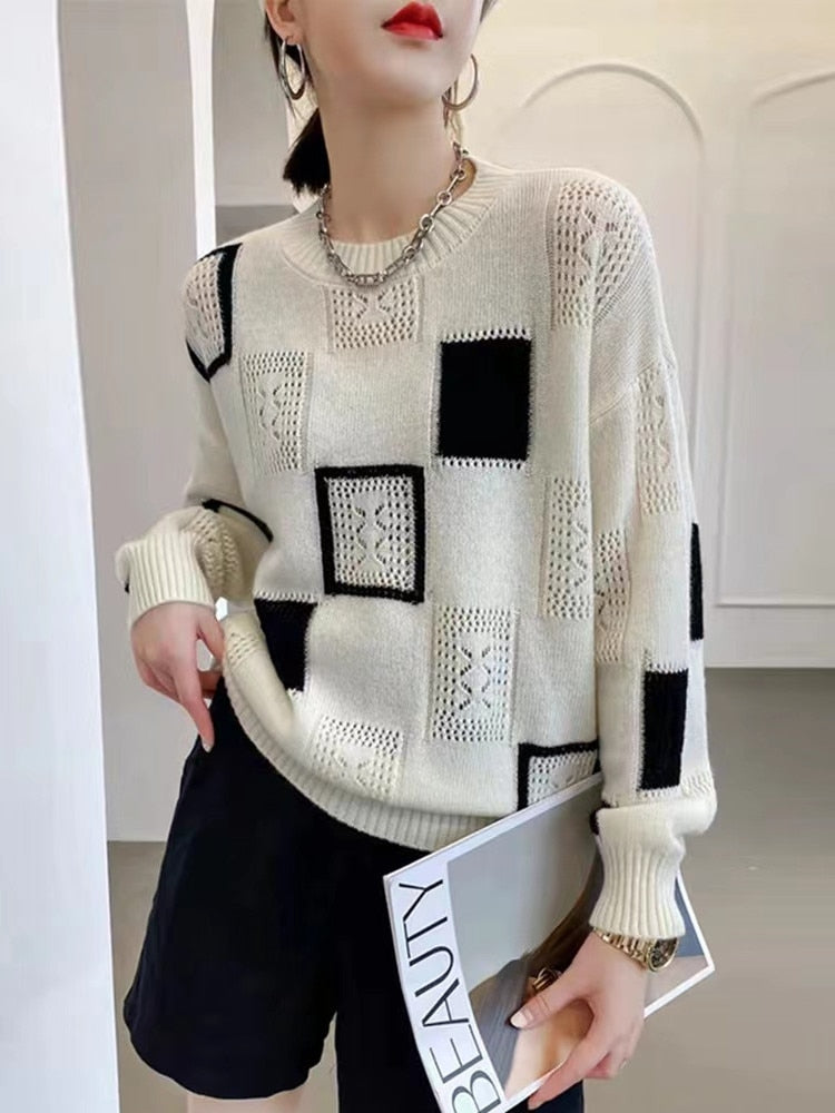 maoxiangshop Fashion Tops Women Oversized Sweater Autumn Winter New Colorblock Plaid Knitted Pullovers Round Neck Retro Warm Sweaters