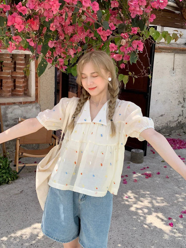 maoxiangshop Kawaii Blouses Women Cute Chic Korean Fashion Loose V-Neck Puff Sleeve Casual Shirt for Girls Vintage Sweet Crop Top