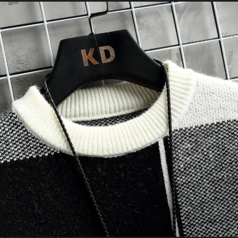 maoxiangshop Half High Collar Color Blocking Warm Sweater/ High Quality Men Spring Autumn Slim Leisure Korean Long Sleeve Loose Knit Pullover